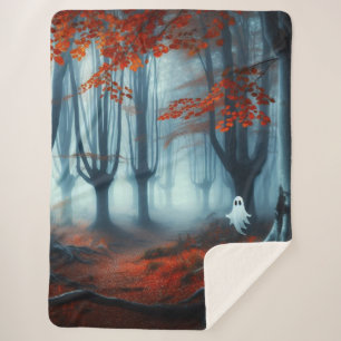 Spooky Autumn woods with a ghost Sherpa Blanket