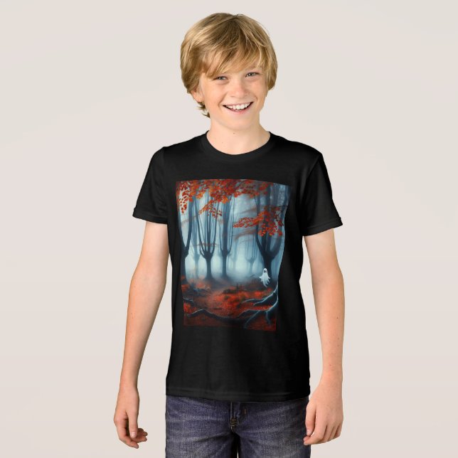 Spooky Autumn woods with a ghost Tri-Blend Shirt (Front Full)
