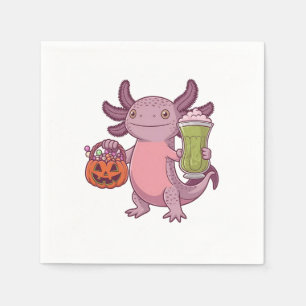 Spooky Axolotl Holding Matcha and Treat Halloween Napkin