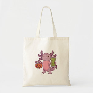 Spooky Axolotl Holding Matcha and Treat Halloween Tote Bag