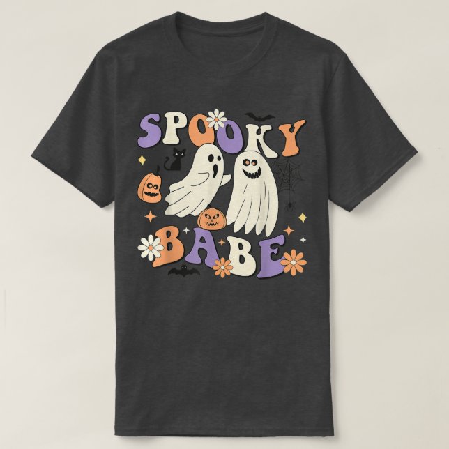 Spooky Babe Cute Ghost Pumpkin Spider Flower Hallo T-Shirt (Design Front)