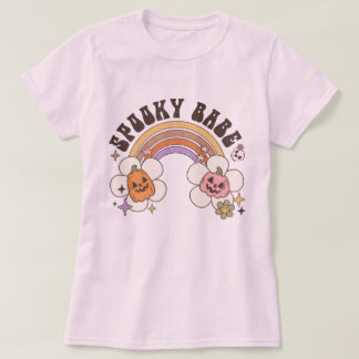Spooky Babe Flower Pumpkin Rainbow Retro Halloween T-Shirt