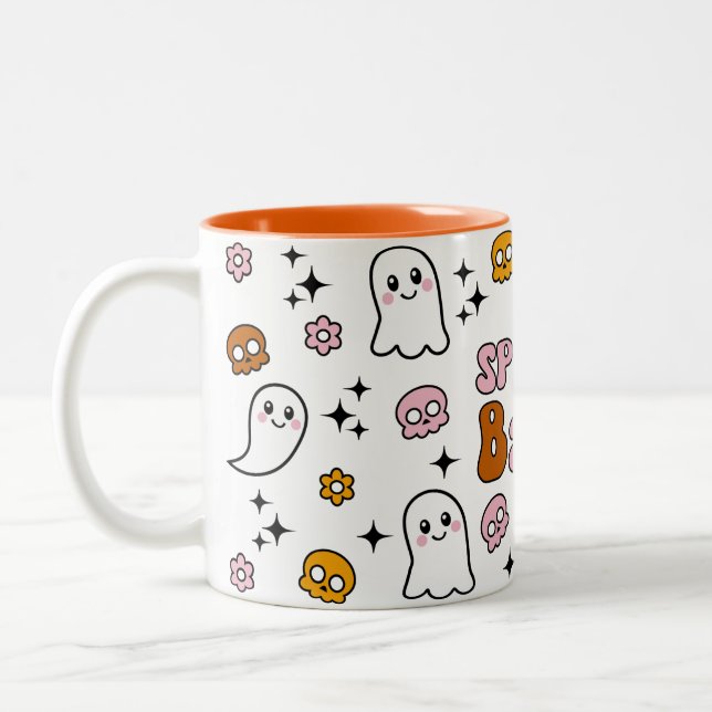Spooky Babe Kawaii Skull Ghost Two-Tone Coffee Mug (Left)