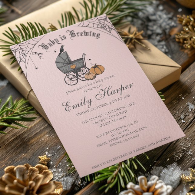 Spooky Baby is Brewing Gothic Baby Shower Invitation (Halloween Baby Shower A Baby Is Brewing Invite. Hand Drawn Victorian Baby Carriage, Pumpkins, Webs.)