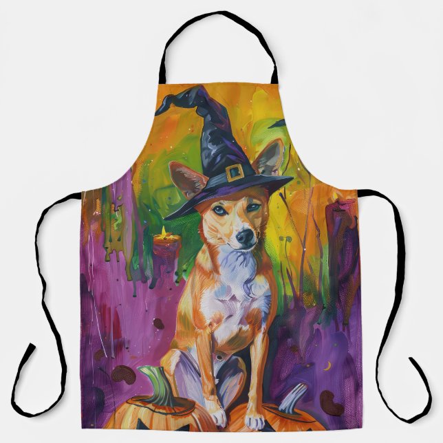 Spooky Basenji Halloween Witch And Pumpkin Apron (Front)