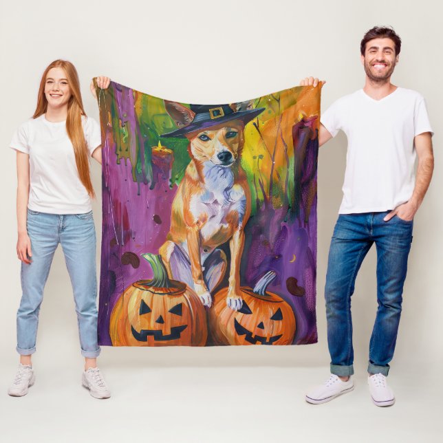 Spooky Basenji Halloween Witch And Pumpkin Fleece Blanket (In Situ)