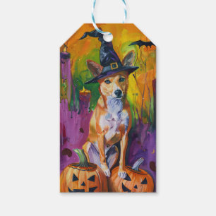 Spooky Basenji Halloween Witch And Pumpkin Gift Tags