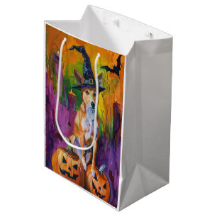 Spooky Basenji Halloween Witch And Pumpkin Medium Gift Bag