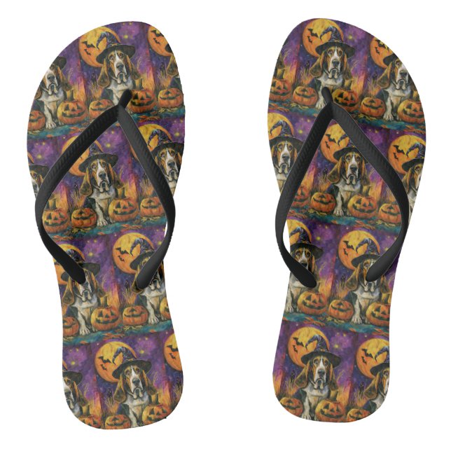 Spooky Basset Hound Halloween Witch And Pumpkin Jandals (Footbed)