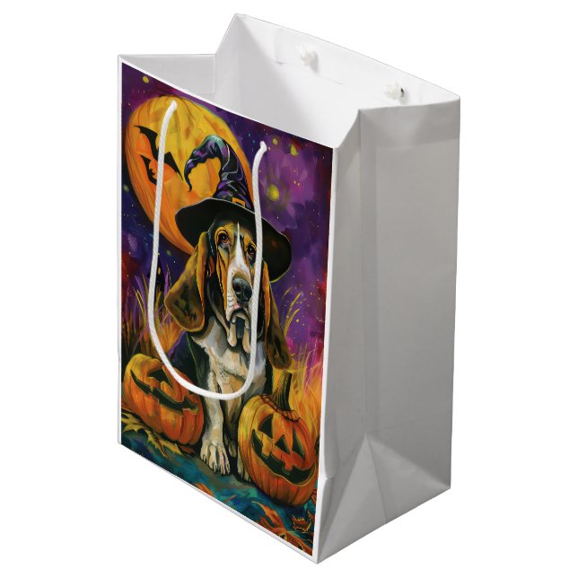 Spooky Basset Hound Halloween Witch And Pumpkin Medium Gift Bag (Front Angled)