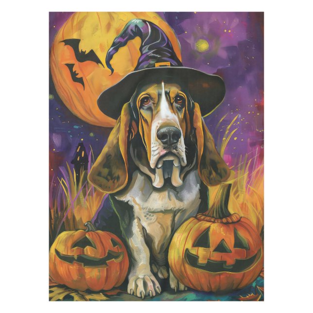 Spooky Basset Hound Halloween Witch And Pumpkin Tablecloth (Front)