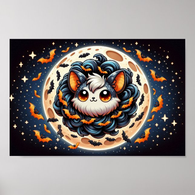 Spooky Bat Moon: Cute Halloween Art Poster (Front)