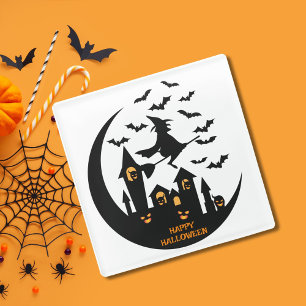 Spooky Bats & Witch Happy Halloween Custom  Glass Coaster