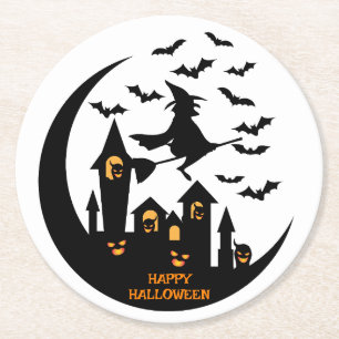 Spooky Bats & Witch Happy Halloween Custom  Round Paper Coaster