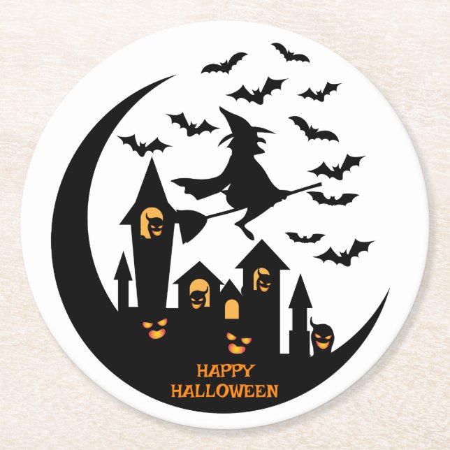 Spooky Bats & Witch Happy Halloween Custom  Round Paper Coaster (Front)