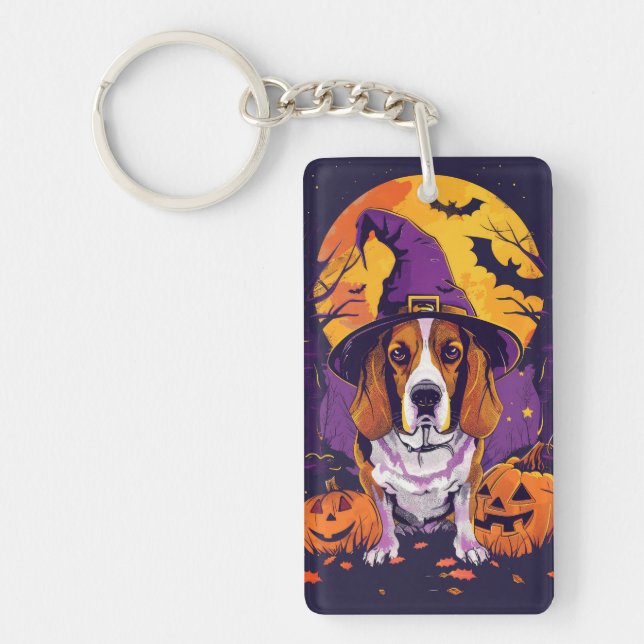 Spooky Beagle Halloween Witch And Pumpkin Key Ring (Front)
