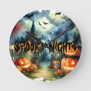 Spooky & Beautiful Halloween Landscape Watercolor Round Clock