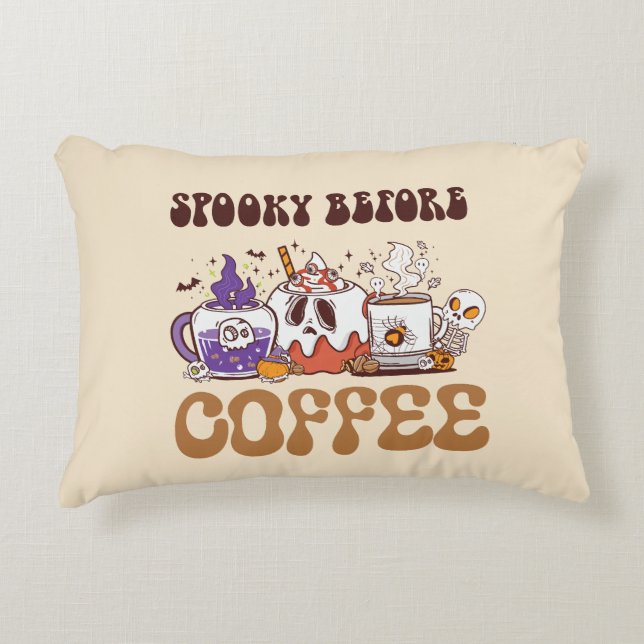 Spooky Before Coffee – Funny Ghost Coffee Brew Decorative Cushion (Front)
