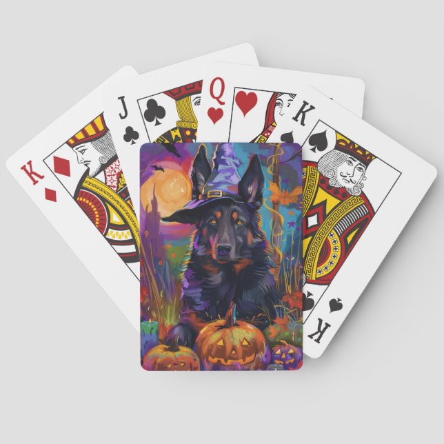 Spooky Belgian Shepherd Halloween Witch Pumpkin Playing Cards (Back)