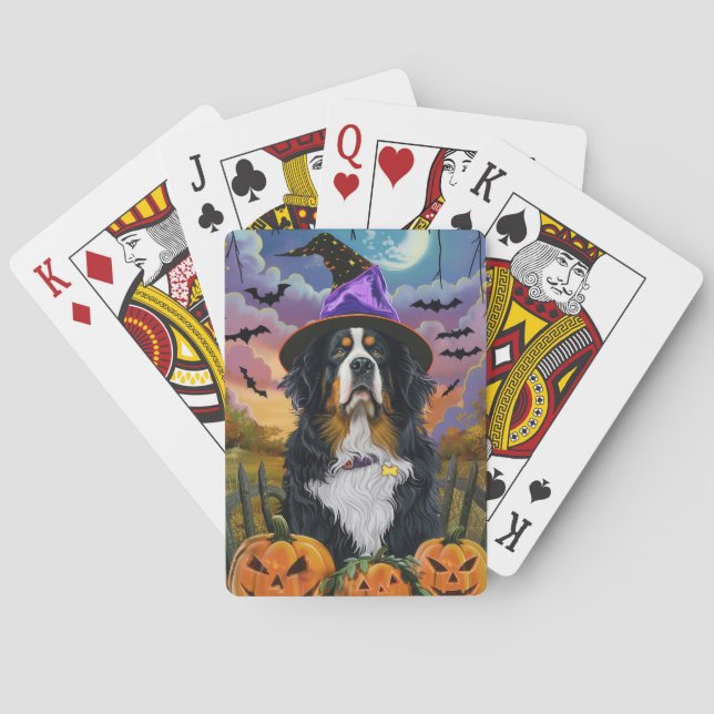 Spooky Bernese Mountain Halloween Witch Pumpkin Playing Cards (Back)