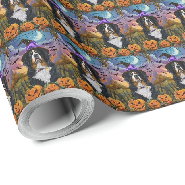 Spooky Bernese Mountain Halloween Witch Pumpkin Wrapping Paper (Roll Corner)