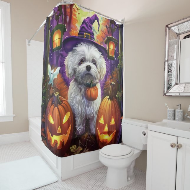 Spooky Bichon Frise Halloween Witch And Pumpkin Shower Curtain (In Situ)