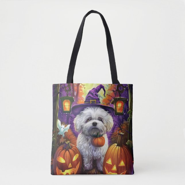 Spooky Bichon Frise Halloween Witch And Pumpkin Tote Bag (Front)