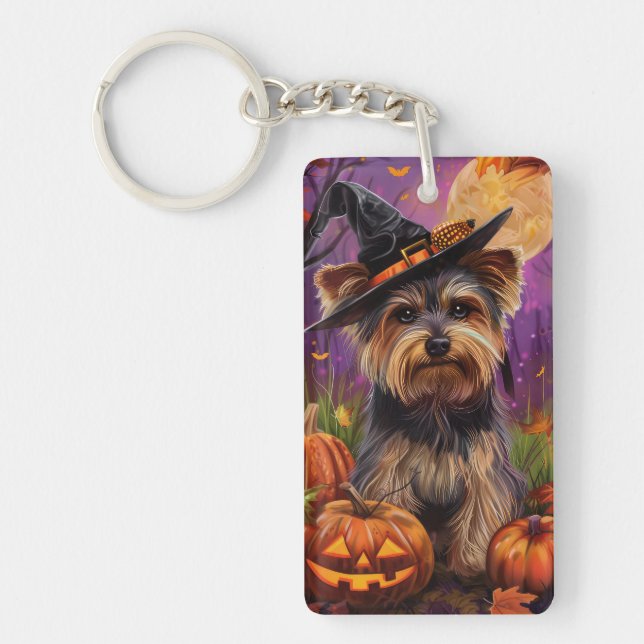 Spooky Biewer Terrier Halloween Witch And Pumpkin Key Ring (Front)