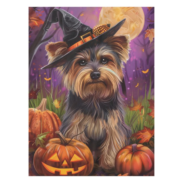 Spooky Biewer Terrier Halloween Witch And Pumpkin Tablecloth (Front)