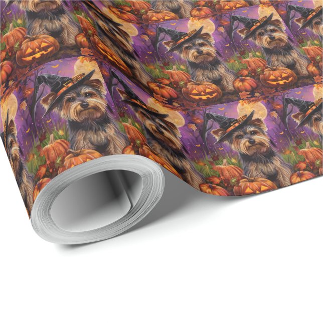 Spooky Biewer Terrier Halloween Witch And Pumpkin Wrapping Paper (Roll Corner)
