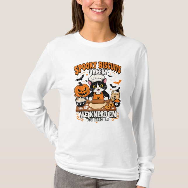 Spooky Biscuits Bakery Black Cat Halloween Baking T-Shirt (Front)