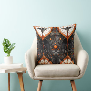 SPOOKY BLACK AND ORANGE GOTHIC HALLOWEEN SCENE CUSHION