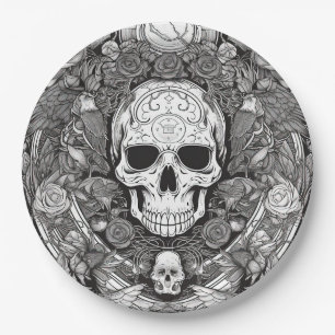 Spooky black and white skull Halloween party  Paper Plate
