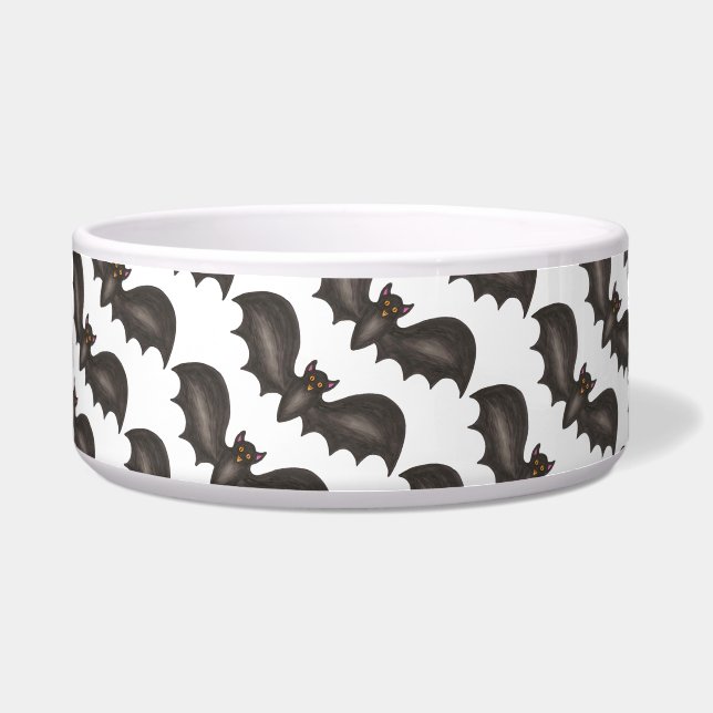 Spooky Black Bat Bats Happy Halloween Pet Bowl (Front)