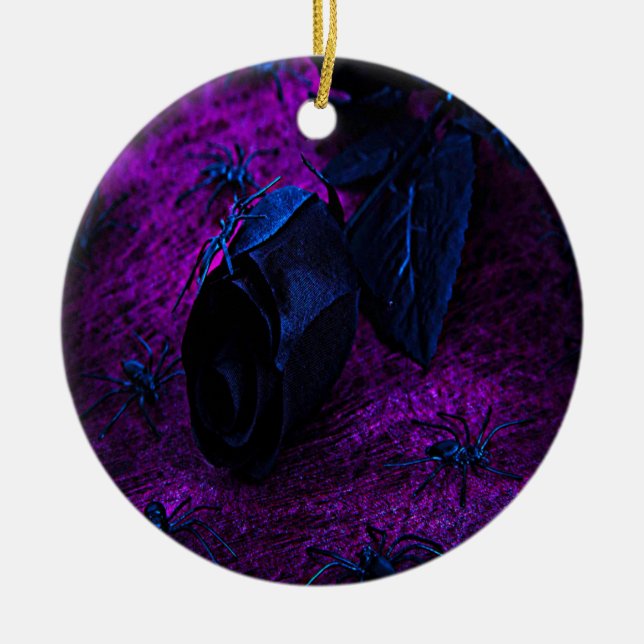 Spooky Black Blue Rose, Black Spiders, Purple, ZSG Ceramic Tree Decoration (Front)
