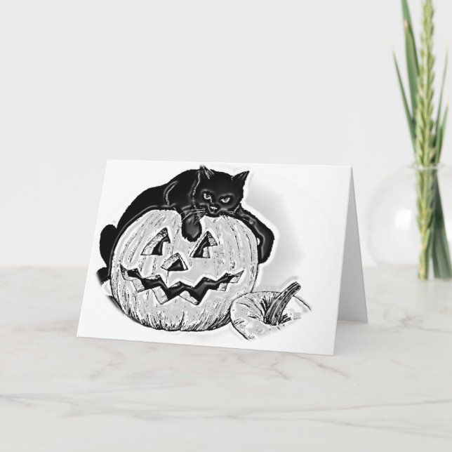 Spooky Black Cat and Pumpkin Halloween Card (Front)