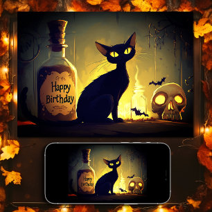 Spooky Black Cat and Skull Halloween Birthday Card