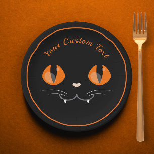 Spooky Black Cat Face Add Text Black & Orange Kids Paper Plate