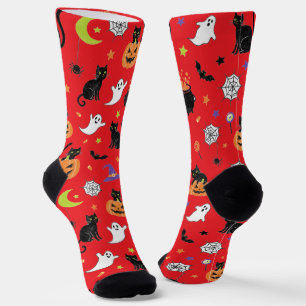 Spooky Black Cat & Ghost Halloween Pattern Socks