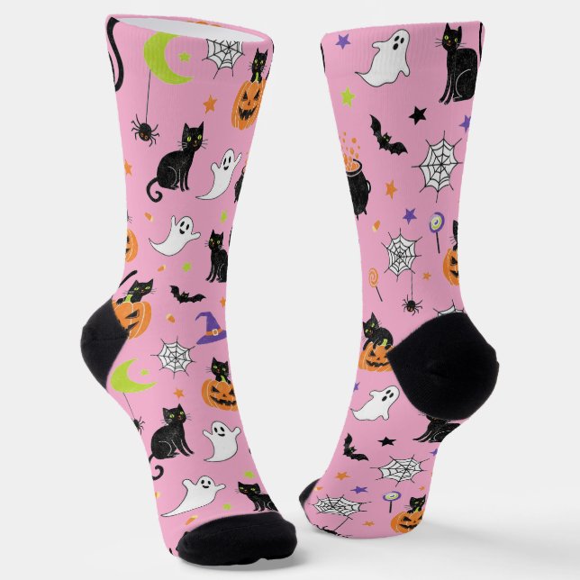 Spooky Black Cat & Ghost Halloween Pattern Socks (Angled)
