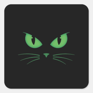 Spooky Black Cat Green Eyes Square Sticker