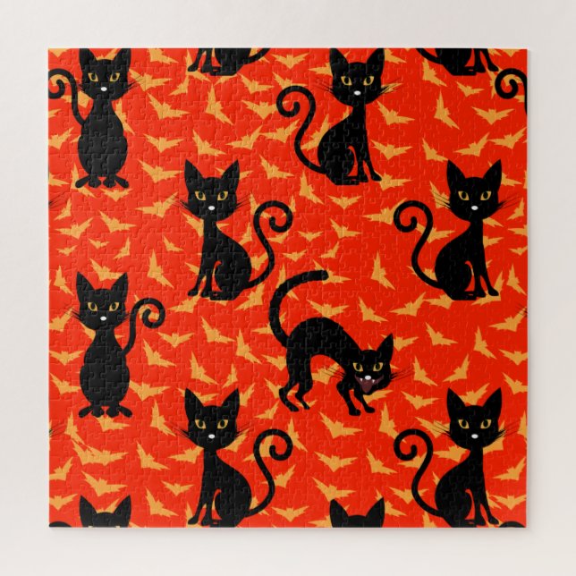 Spooky Black Cat Halloween Orange Bats Jigsaw Puzzle (Vertical)
