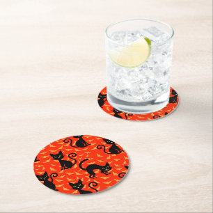 Spooky Black Cat Halloween Orange Bats Round Paper Coaster