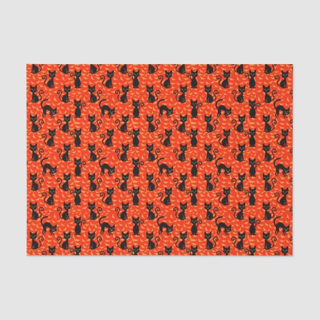 Spooky Black Cat Halloween Orange Bats Tissue Paper (Front)