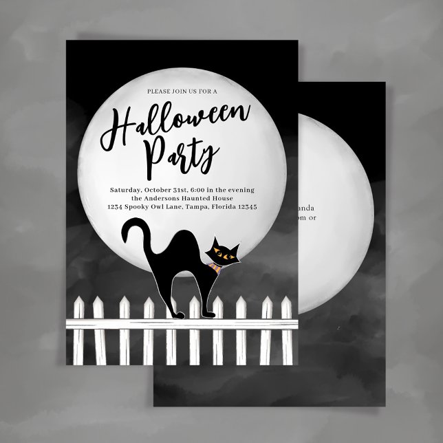 Spooky Black Cat Halloween Party Custom Invitation (Halloween party black cat custom party invitations.)