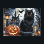 Spooky Black Cat Halloween Postcard<br><div class="desc">This spooky Halloween postcard has a black cat, a jack-o'-lantern, and a haunted house in the background. It is sure to provide all your friends and family with a good scare. Whether you plan to celebrate the holiday or just need a little spooky fun in your life, it’s definitely the...</div>