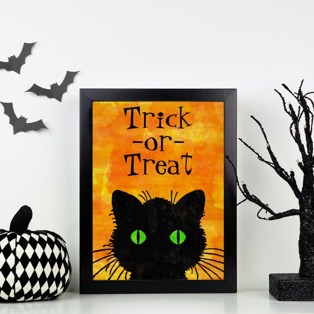 Spooky Black Cat Halloween Poster (Small Black Cat with Green Eyes framed with Halloween Decorations)