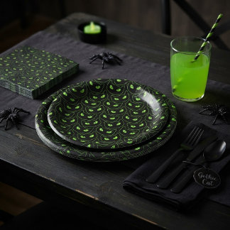 Spooky Black Cat Neon Green Eyes Halloween Paper Plate
