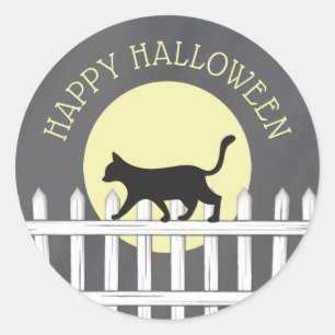 Spooky Black Cat on Picket Fence  Classic Round Sticker