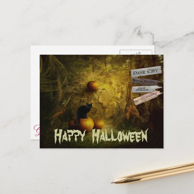 Spooky Black Cat, Pumpkin Halloween Postcard (Front/Back In Situ)